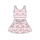 1.12 Pre-order GSD3625 baby girls pink bow sleeveless skirt Outfits yoga