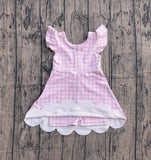Pre-order GSD3796 girls pink checkered flying sleeve scalloped dress yoga