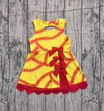 pre-order GSD3834  girl softball red yellow bow sleeveless scalloped dress yoga