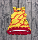 pre-order GSD3834  girl softball red yellow bow sleeveless scalloped dress yoga