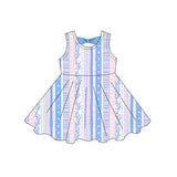 3.4 Pre-order GSD3862 girls flower blue pink stripe sleeveless dress
