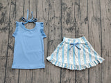 Pre-order GSD3906 Girls blue scalloped sleeveless stripe flower skirt outfits yoga