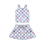 3.10 Pre-order GSD3910 Girls blue checkered pink bow sleeveless skirt outfits yoga