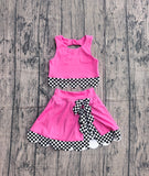 Pre-order GSD3926 Girls rose sleeveless scalloped checkered skirt outfits yoga