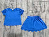 Pre-order GSD3937 Girls solid blue puff sleeve scalloped skirt outfits cotton
