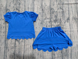 Pre-order GSD3937 Girls solid blue puff sleeve scalloped skirt outfits cotton
