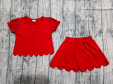 Pre-order GSD3938 Girls solid red puff sleeve scalloped skirt outfits cotton