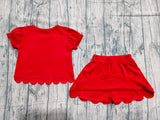 Pre-order GSD3938 Girls solid red puff sleeve scalloped skirt outfits cotton