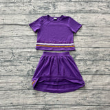 Pre-order GSD3944 Girls solid purple short sleeve skirt outfits