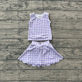 Pre-order GSD4067 baby girls checkered purple sleeveless scalloped skirt Outfits yoga