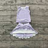 Pre-order GSD4067 baby girls checkered purple sleeveless scalloped skirt Outfits yoga