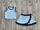 Pre-order GSD4082 baby girls solid blue sleeveless scalloped skirt Outfits yoga