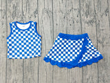 Pre-order GSD4110 baby girls blue checkered sleeveless scalloped skirt Outfits yoga