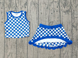 Pre-order GSD4110 baby girls blue checkered sleeveless scalloped skirt Outfits yoga