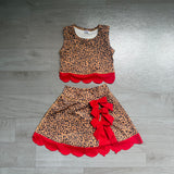 Pre-order GSD4234 girls leopard red bow sleeveless scalloped skirt outfits yoga