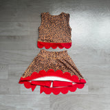Pre-order GSD4234 girls leopard red bow sleeveless scalloped skirt outfits yoga