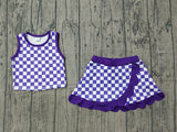 Pre-order GSD4251 girls purple checkered sleeveless scalloped skirt outfits yoga