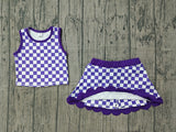 Pre-order GSD4251 girls purple checkered sleeveless scalloped skirt outfits yoga