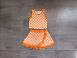 Pre-order GSD4252 girls orange checkered sleeveless scalloped skirt outfits yoga