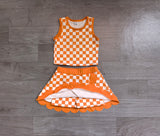 Pre-order GSD4252 girls orange checkered sleeveless scalloped skirt outfits yoga