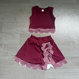Pre-order GSD4266 girls red checkered bow sleeveless scalloped skirt outfits yoga