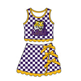 sample Pre-order GSD4285 girls LSU purple checkered sleeveless skirt bow outfits yoga