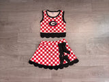 sample Pre-order GSD4287 girls G red checkered sleeveless skirt bow outfits yoga