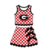 sample Pre-order GSD4287 girls G red checkered sleeveless skirt bow outfits yoga