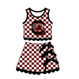 sample Pre-order GSD4288 girls team red checkered sleeveless skirt bow outfits yoga