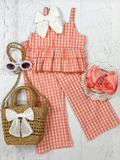 Sleeveless orange plaid ruffle top pants girls outfits