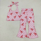 GSPO2030 baby girls pink red checkered bow outfits