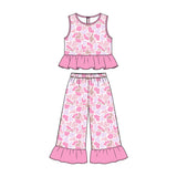 10.23 Pre-order girls pink rose sleeveless ruffle pants outfits