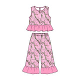 10.23 Pre-order girls pink rose sleeveless ruffle pants outfits