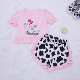 Summer Embroidery cartoon pink cow clothing
