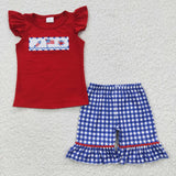 Matching boys hunting blue short sleeve camo shorts outfits embroidery