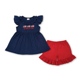 Matching Baby girls boys god bless navy navy short sleeve red shorts outfits embroidery