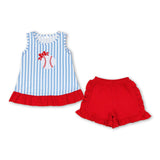 Matching Baby girls boys outfits baseball with blue stripes embroidery