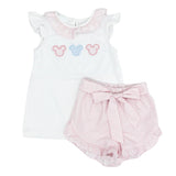 White flutter sleeves mouse top pink plaid shorts girls clothes