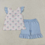 GSSO1577 Girls pink blue bow flying sleeve outfits