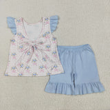 GSSO1577 Girls pink blue bow flying sleeve outfits