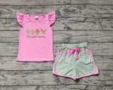 Pre-order GSSO1614 Girls pink embroidered flying sleeve duck shorts outfits
