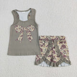 GSSO1629 Girls sleeveless green camouflage bow shorts outfits