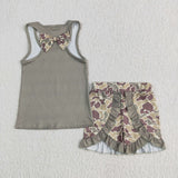 GSSO1629 Girls sleeveless green camouflage bow shorts outfits