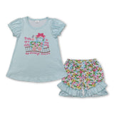 Matching Baby girls boys Letter train blue short sleeve plaid shorts outfits