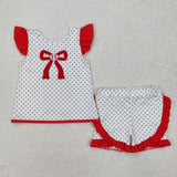 GSSO1698 girls flying sleeve embroidered red bow shorts Outfits
