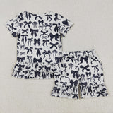 GSSO1852 girls short sleeve black bow shorts pajamas