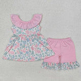 GSSO1881 girls pink floral collar sleeveless shorts outfits