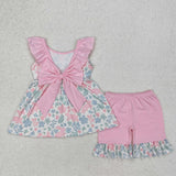GSSO1881 girls pink floral collar sleeveless shorts outfits
