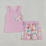 GSSO1981 girls sleeveless vest bow pink floral shorts outfits