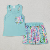 GSSO1982 girls sleeveless vest bow cyan floral shorts outfits
